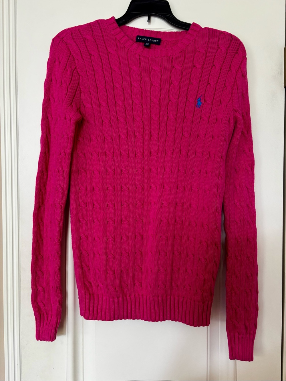 Ralph Lauren Cable Knit Crewneck Sweater - Fuchsia with Blue Pony